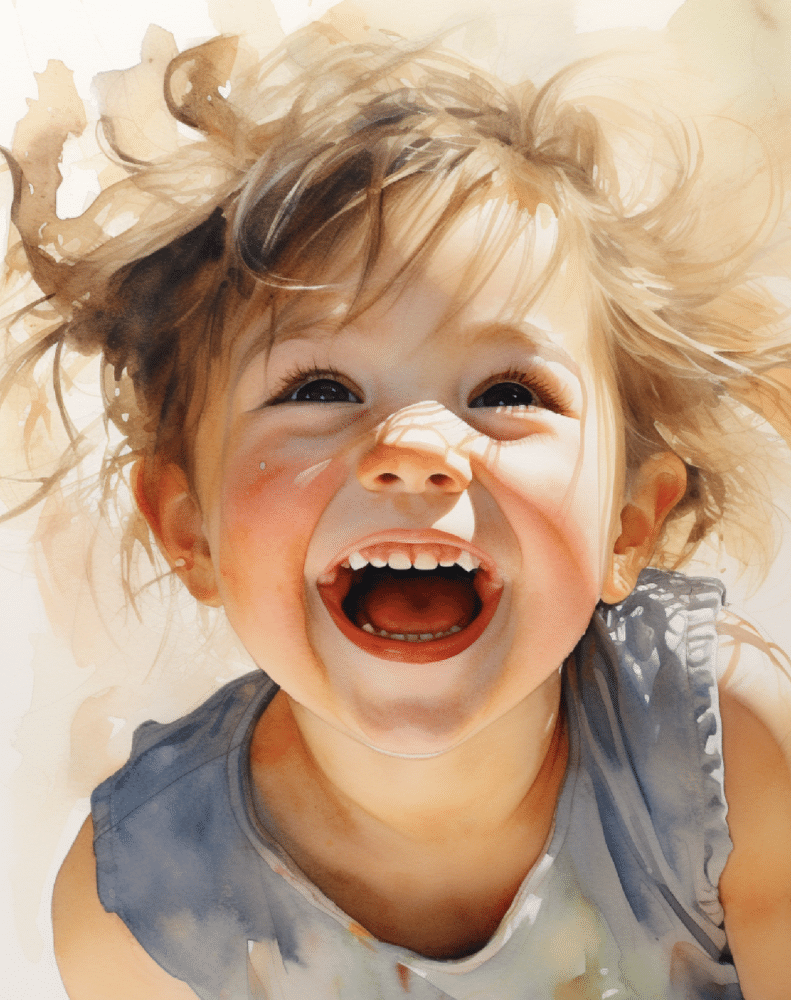 Watercolor of Young toddler laughing